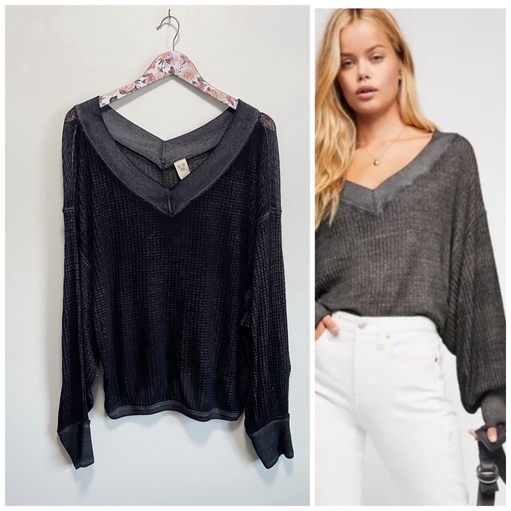 FREE PEOPLE We The Free Black Southside Small Thermal Oversized Knit Long Sleeve